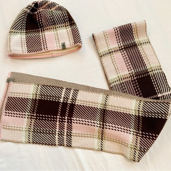 The North Face knitted beanie scarf One size Big girls plaid design pink & tan - Picture 2 of 15